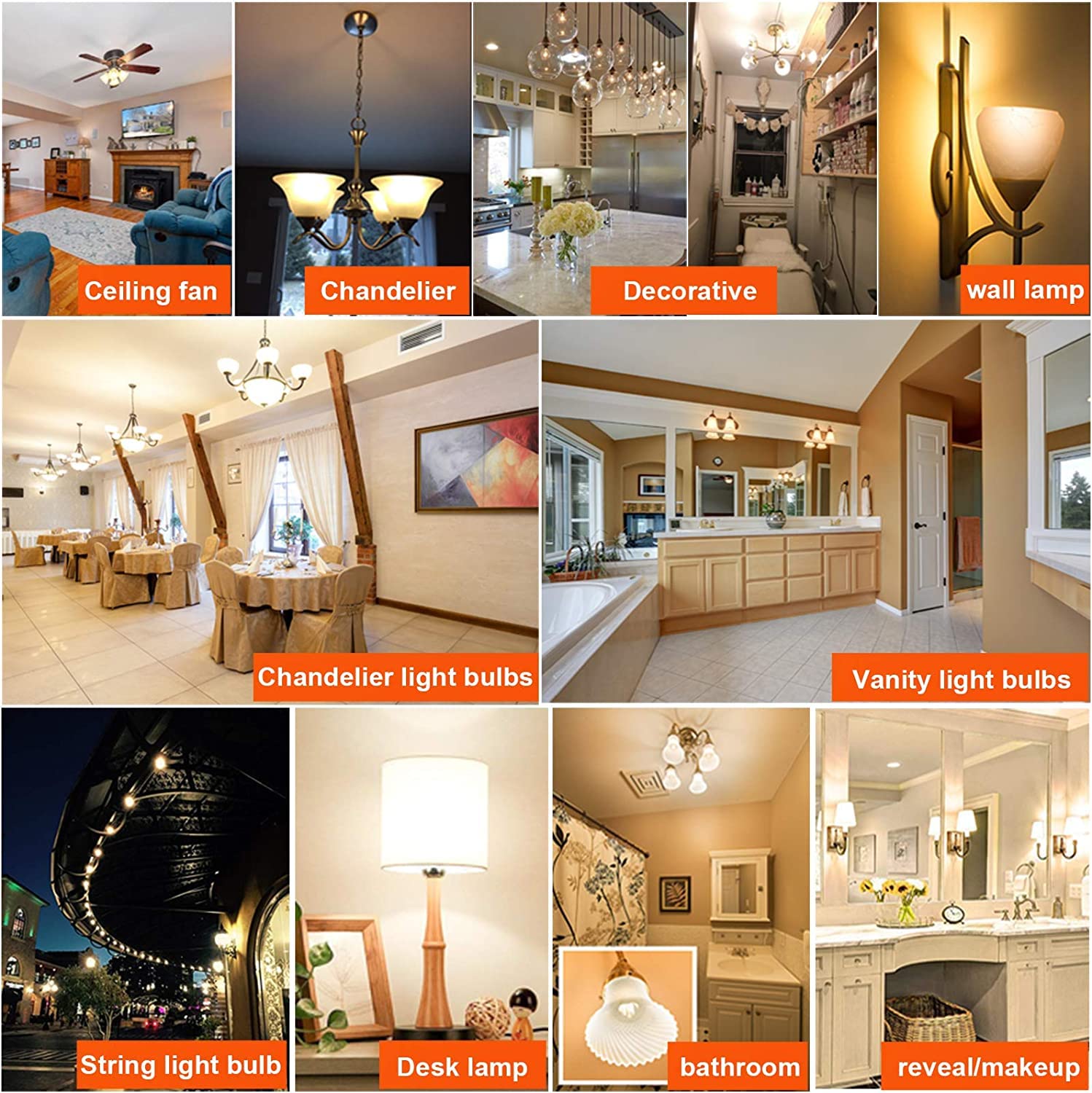 E12 LED Candelabra Bulb 2W Warm White 2500K Dimmable 12 Pack